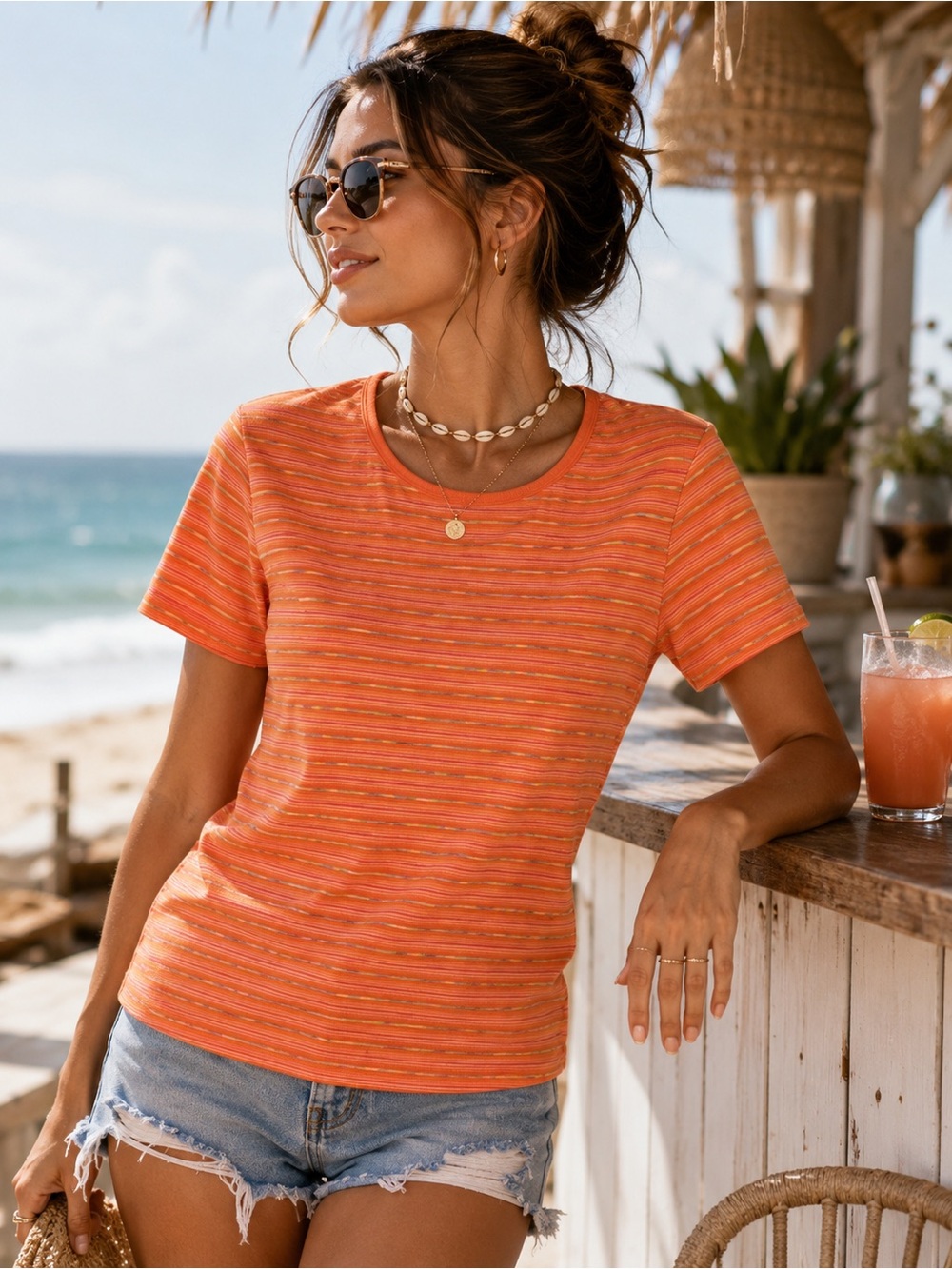 Northern Reflections Coral Stripe Short Sleeve Tee Top XL
